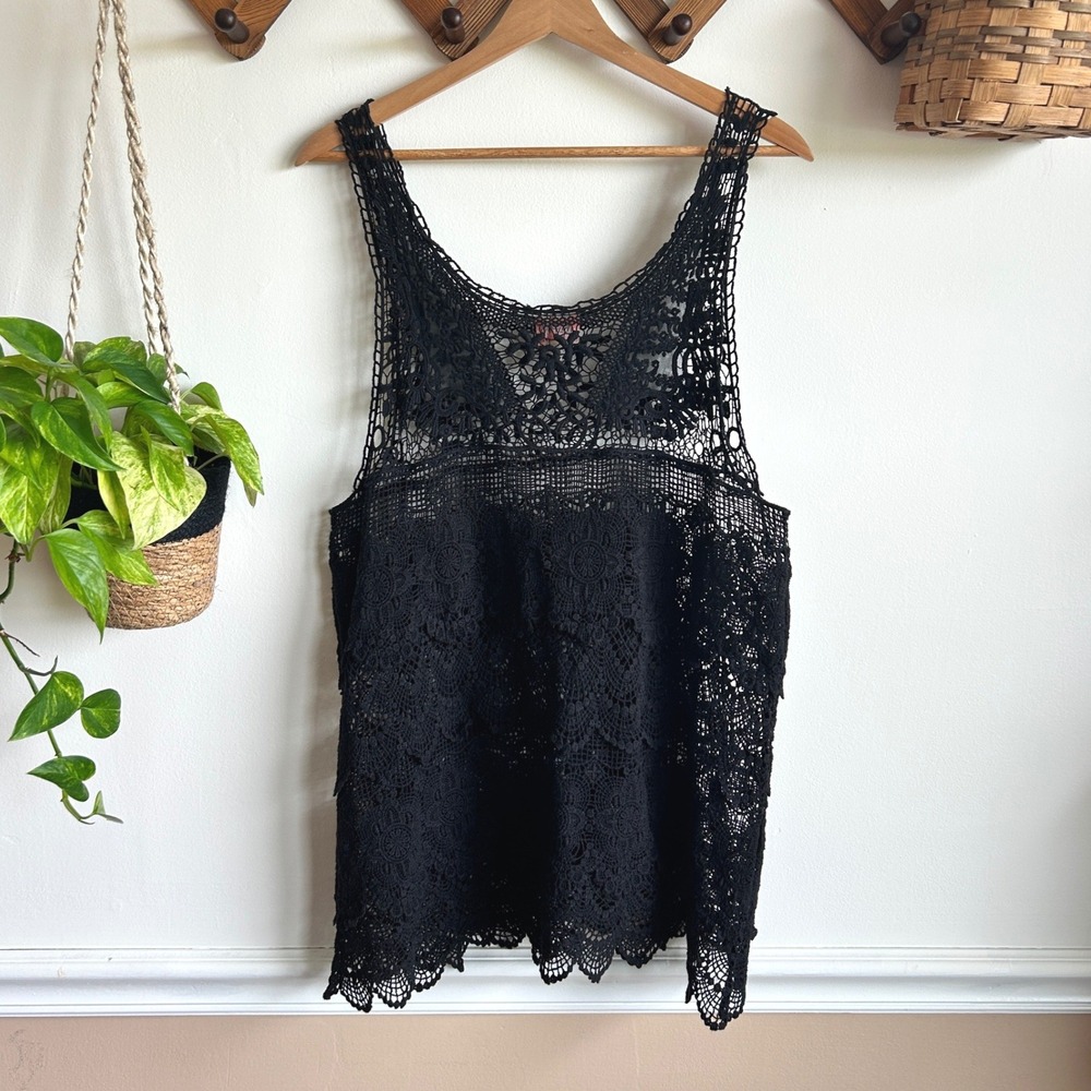 Intimately Free People Black Floral Crochet Cotton Tank Top Large Boho Festival